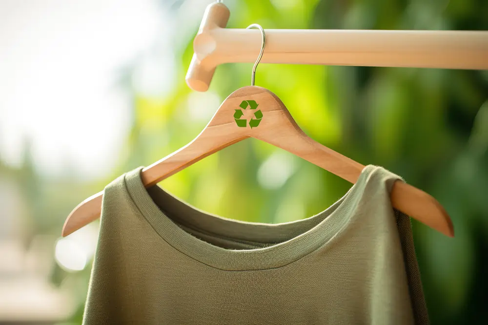 Grünes Kleid auf Kleiderbügel mit Recycling-Symbol auf verschwommenem Hintergrund, Nahaufnahme