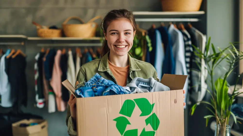 Glückliche Frau mittleren Alters hält einen Recyclingkarton aus Pappe mit Kleidung.